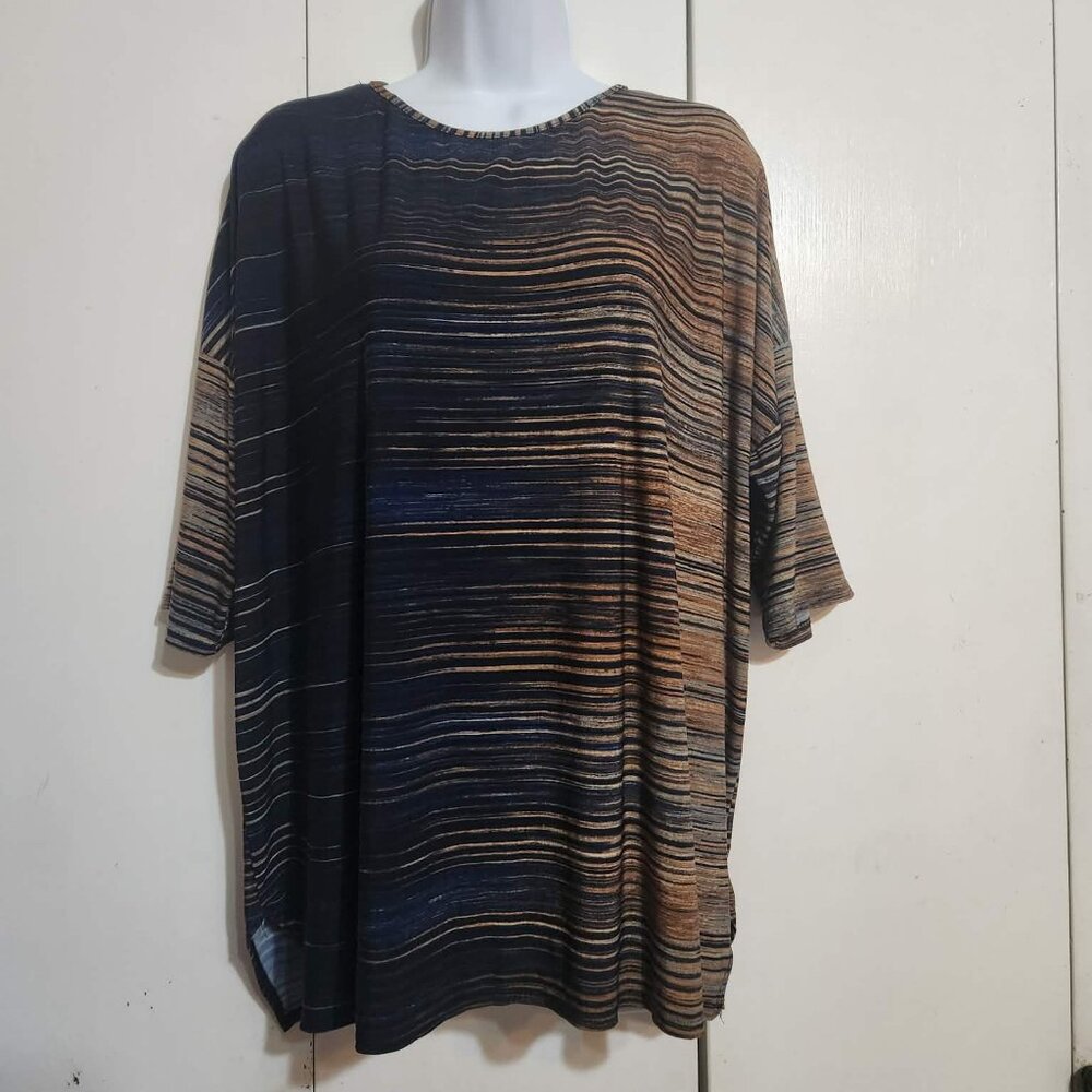 Clara Sunwoo Striped Abstract Tunic Top Medium M 3/4 Sleeve Knit Made in USA